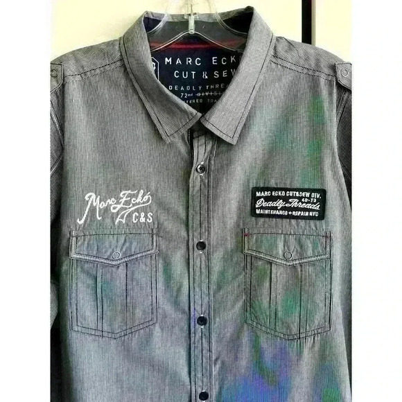 Marc Ecko Cut & Sew Sz XL Navy White Pinstripe Button Up Shirt Embroidery Pocket - Picture 1 of 16